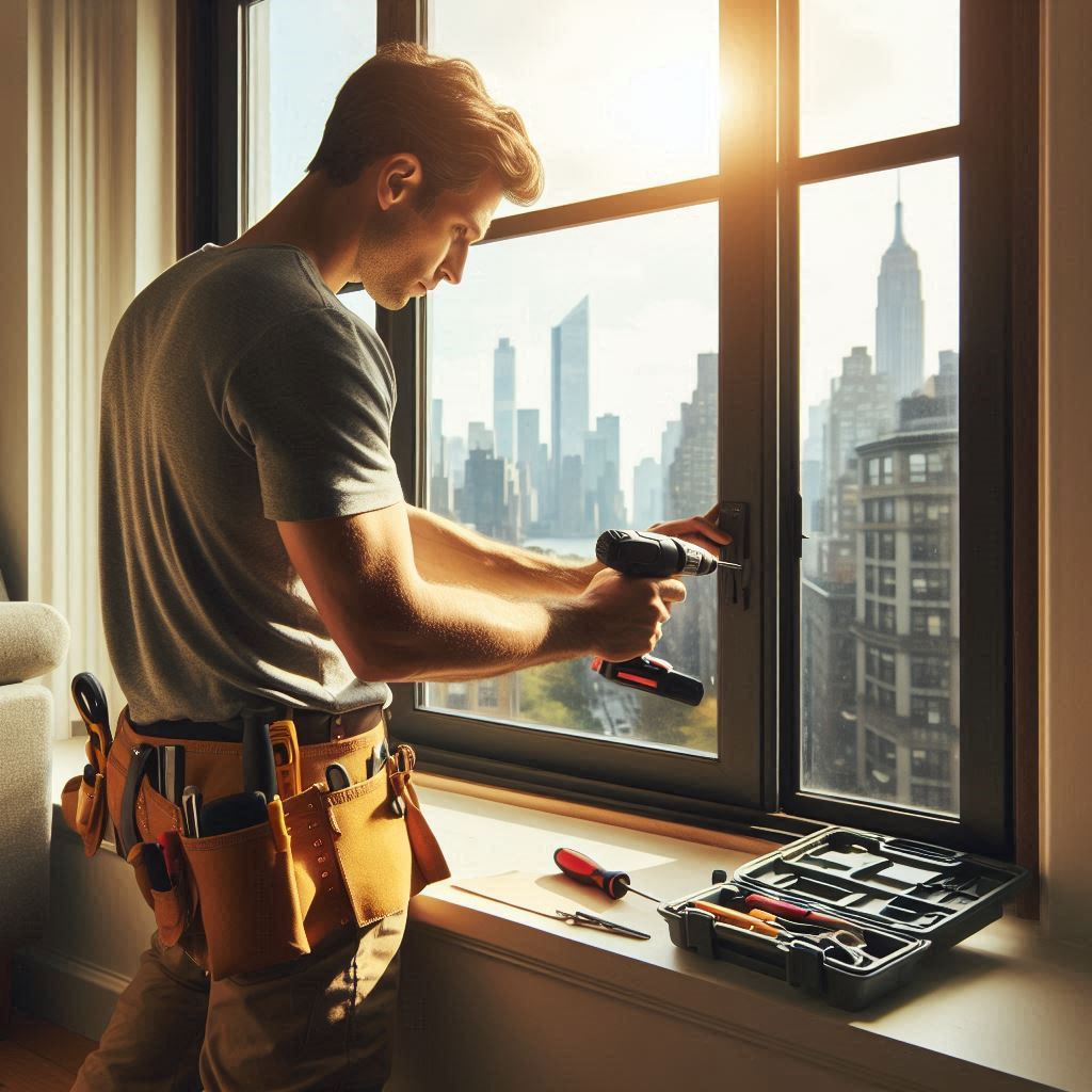 handyman with tools in hand repair window with nyc view