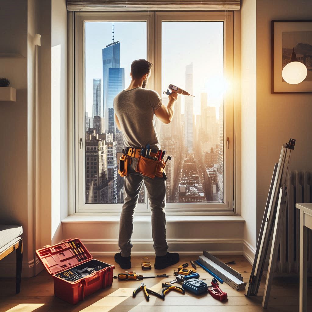 handyman with tools in hand repair window with nyc view