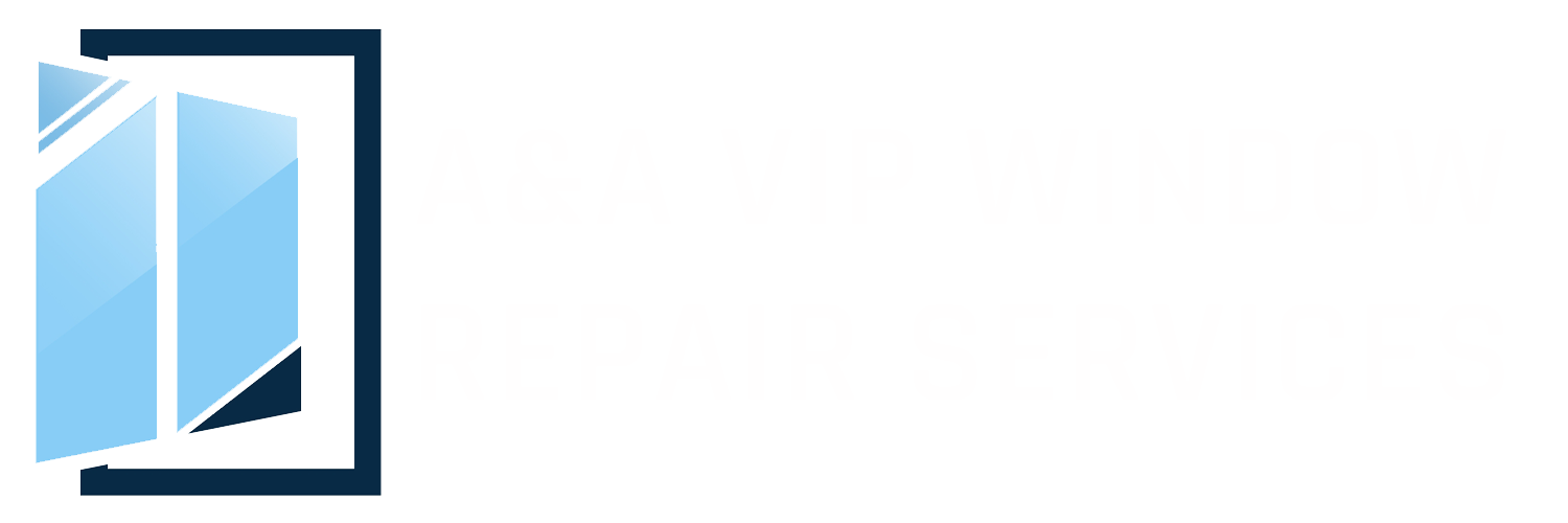 A&A VIP WINDOW REPAIR SERVICES logo, dark blue shape inside window frame and left side with text A&A VIP WINDOW REPAIR SERVICES