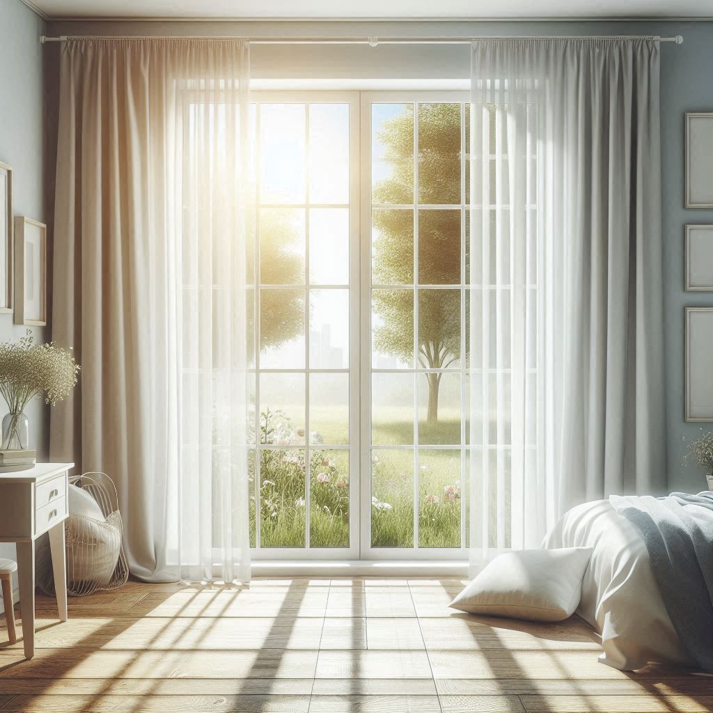 A bright and sunny room with a large window that has been replaced with a new, energy-efficient model. The room is filled with natural light, and the window is framed by a set of white curtains. The window replacement has helped to reduce the room's heating and cooling costs, making it a more comfortable and energy-efficient space.